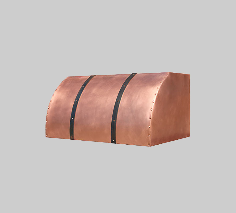 Pictured is our barrel body in copper with blackened steel straps and copper rivets.